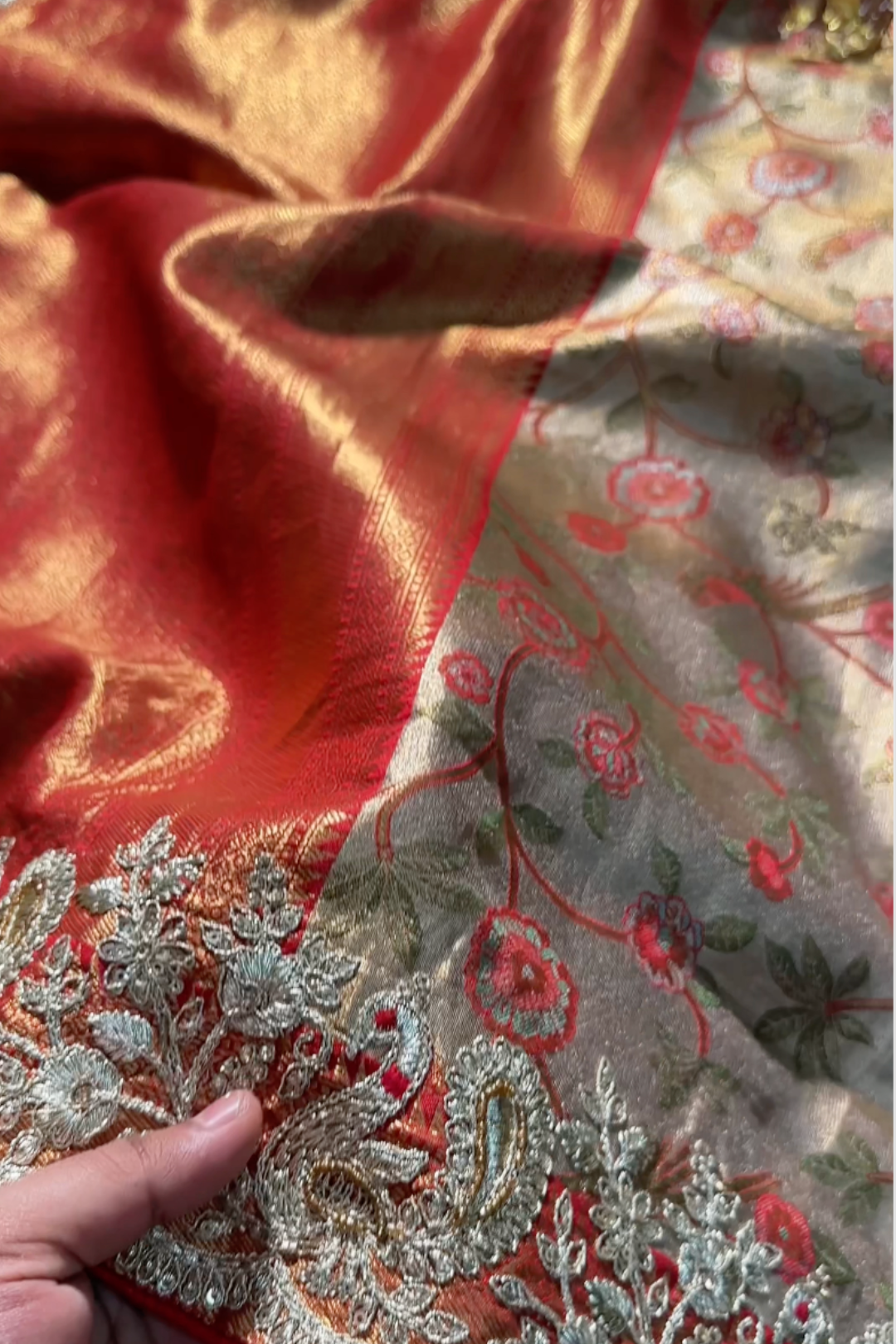 Rust Tissue Banarasi Unstitched Saree with Sequins & Cut Dana Work