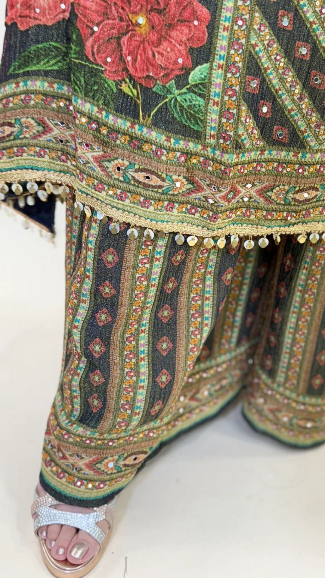 Blue Digital Print Tissue Suit with Mirror Work, Palazzo, and Dupatta