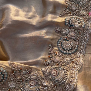 Golden Tissue Unstitched Saree Embellished With Sequins, Dori, Dabka & Cutdana Work