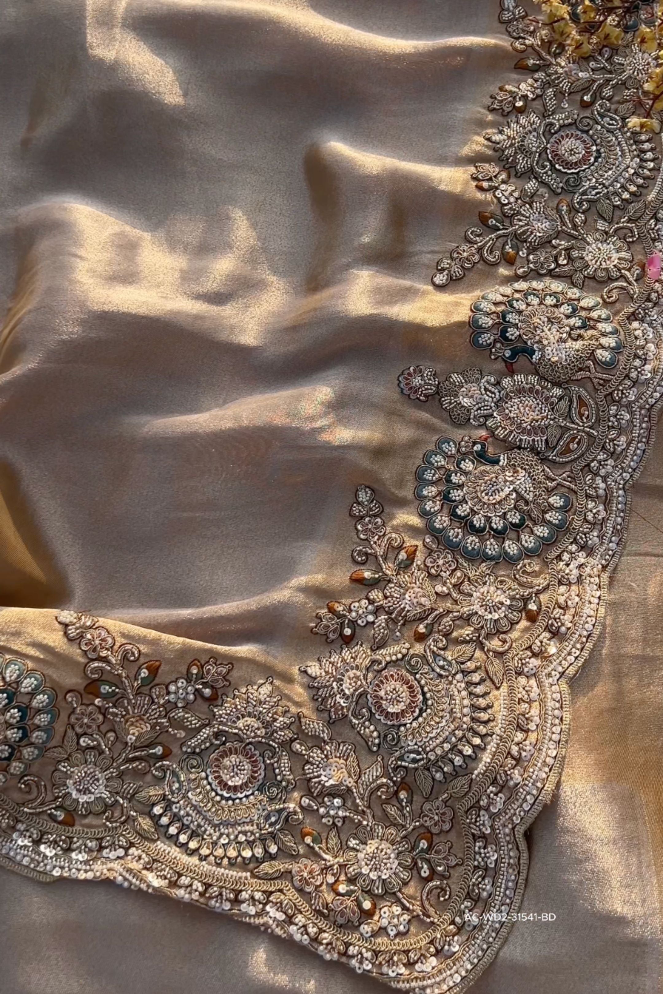 Golden Tissue Unstitched Saree Embellished With Sequins, Dori, Dabka & Cutdana Work
