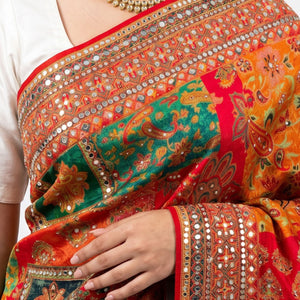 Multicolour Silk Unstitched Saree Embellished With Sequins, Mirror, Stone & Swarovski Work