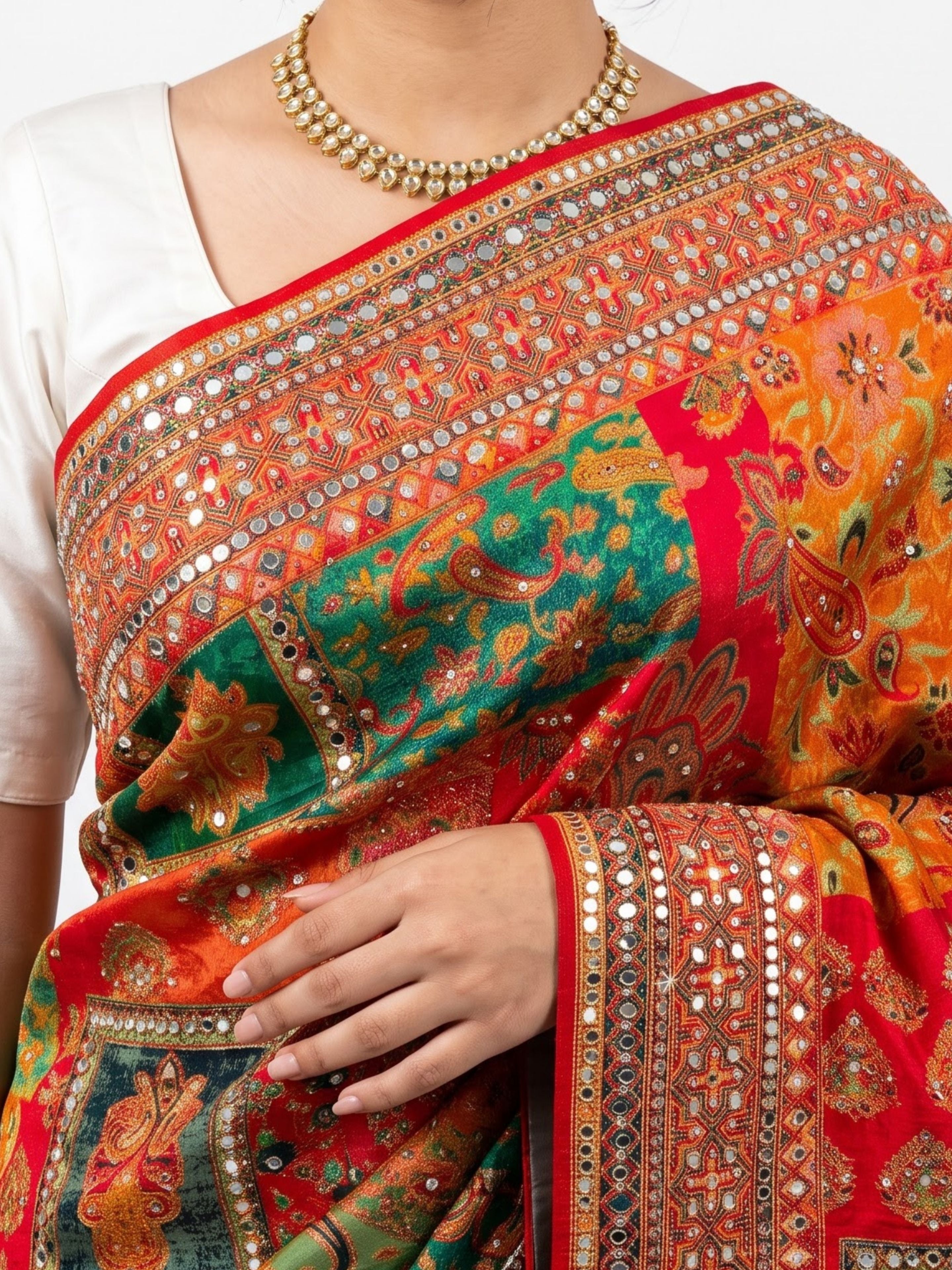 Multicolour Silk Unstitched Saree Embellished With Sequins, Mirror, Stone & Swarovski Work