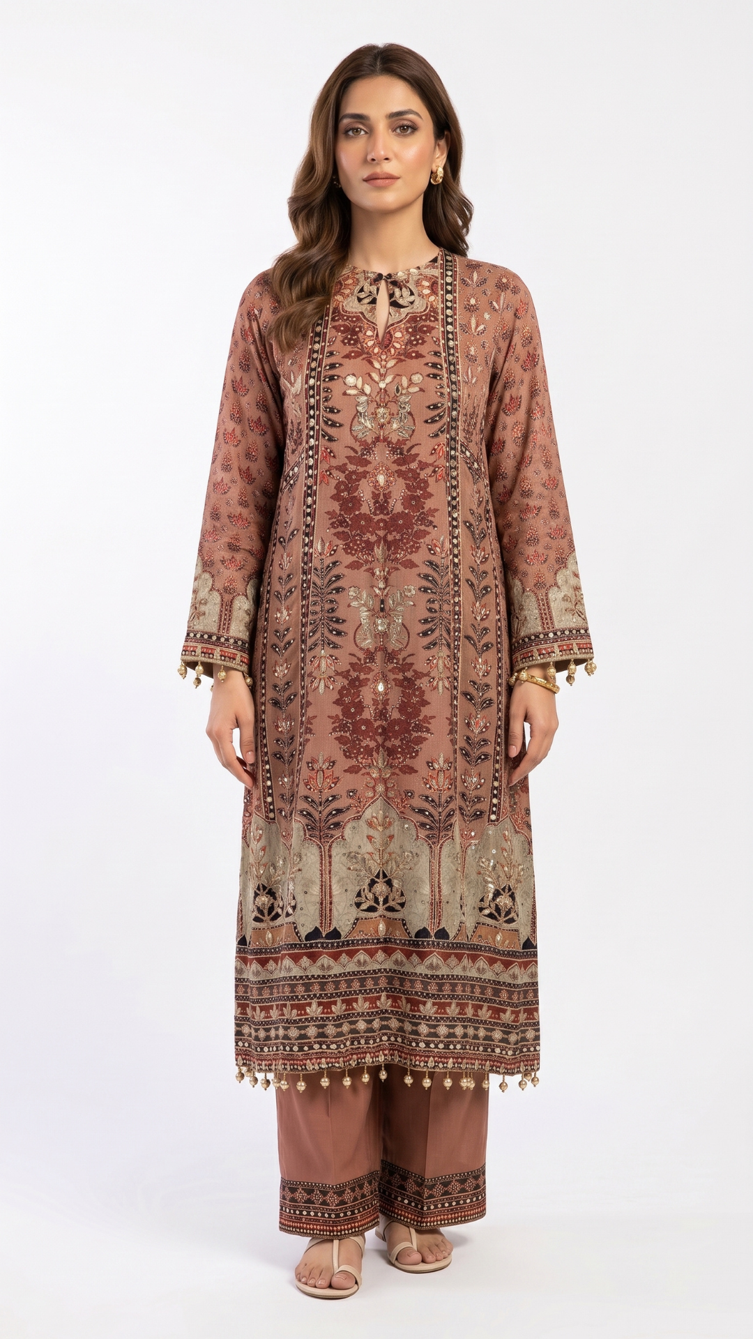 Brown Muslin Fabric Gota Pati Digital Print Sequins