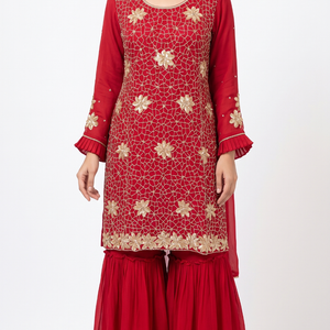 Red Chinon Fabric Hand work Sequins