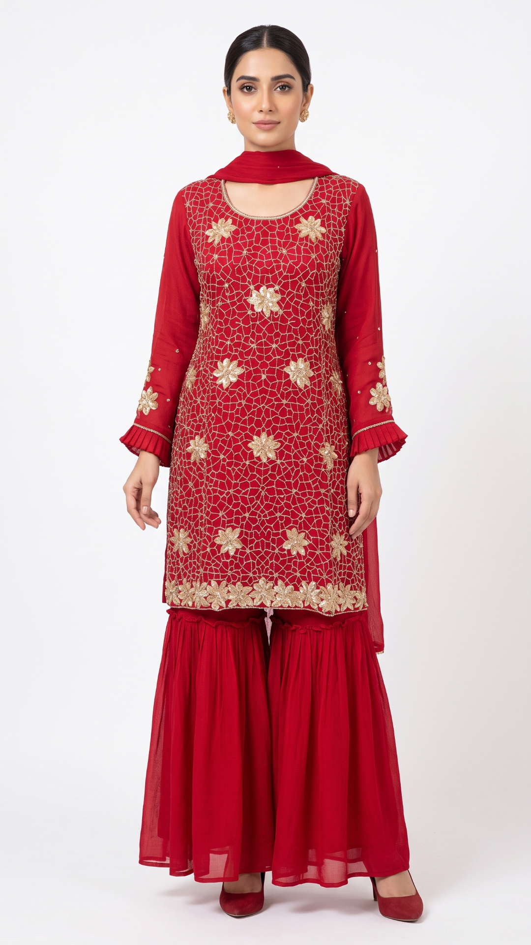 Red Chinon Fabric Hand work Sequins