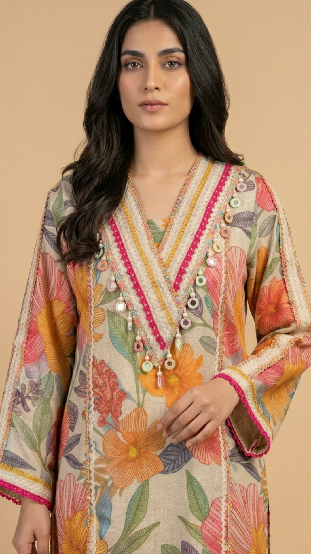 Cream Jute Coord Set with Multicolor Hand Print