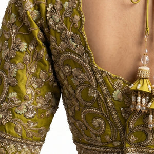 Lemon Green Silk Saree with Stitched Blouse and Zari, Cutdana & Sequins Work