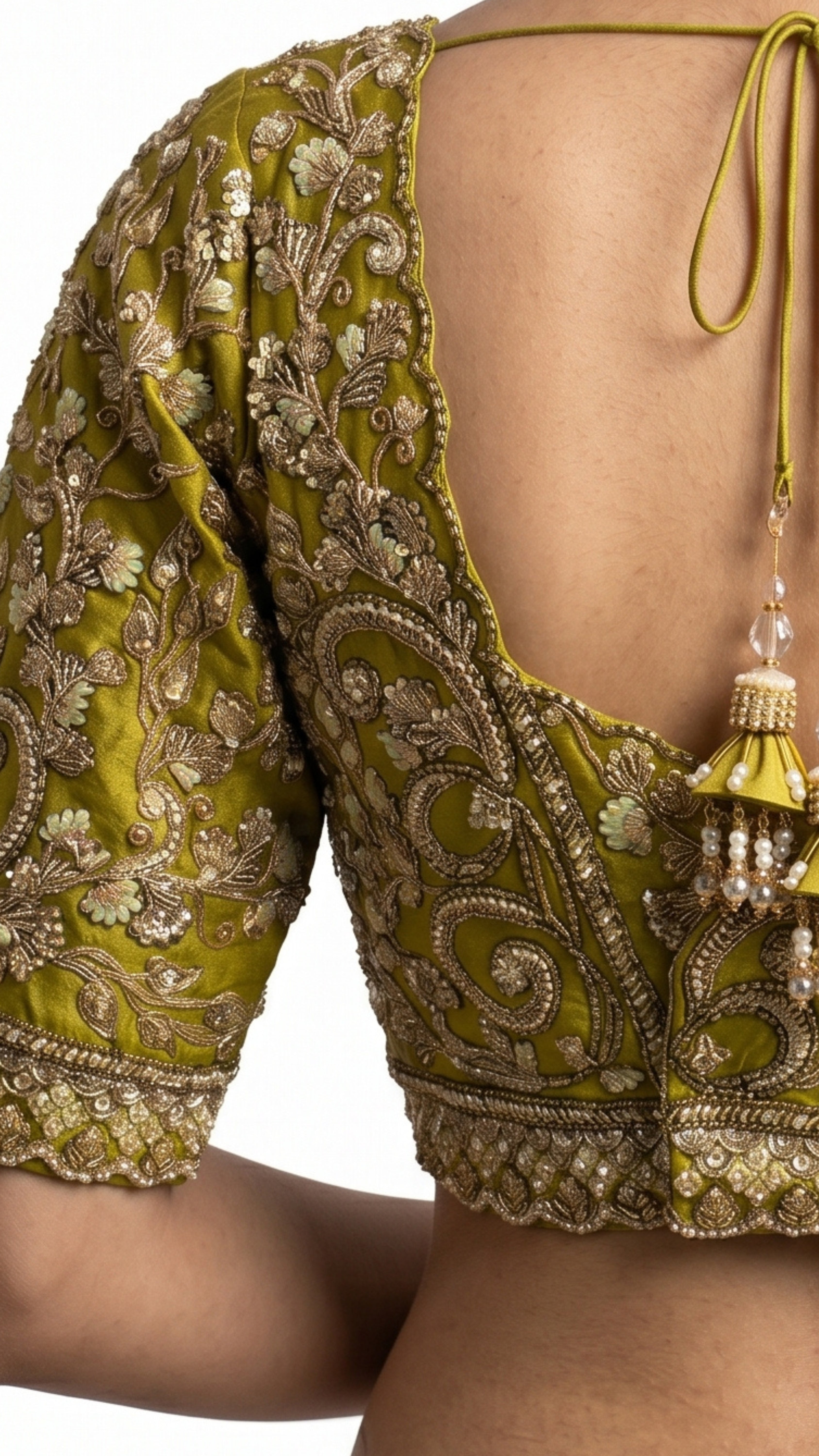 Lemon Green Silk Saree with Stitched Blouse and Zari, Cutdana & Sequins Work