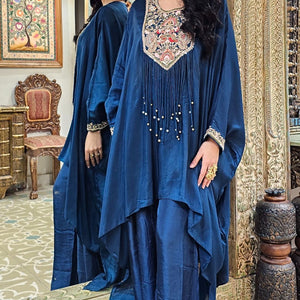 Blue Silk Indowestern Kaaftan and Bottom with Resham Thread and Dabka Work