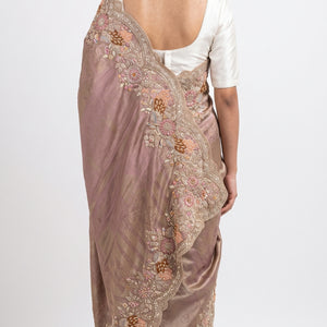 Mauve Tissue Unstitched Saree with Zardozi, Zari & Dabka Work