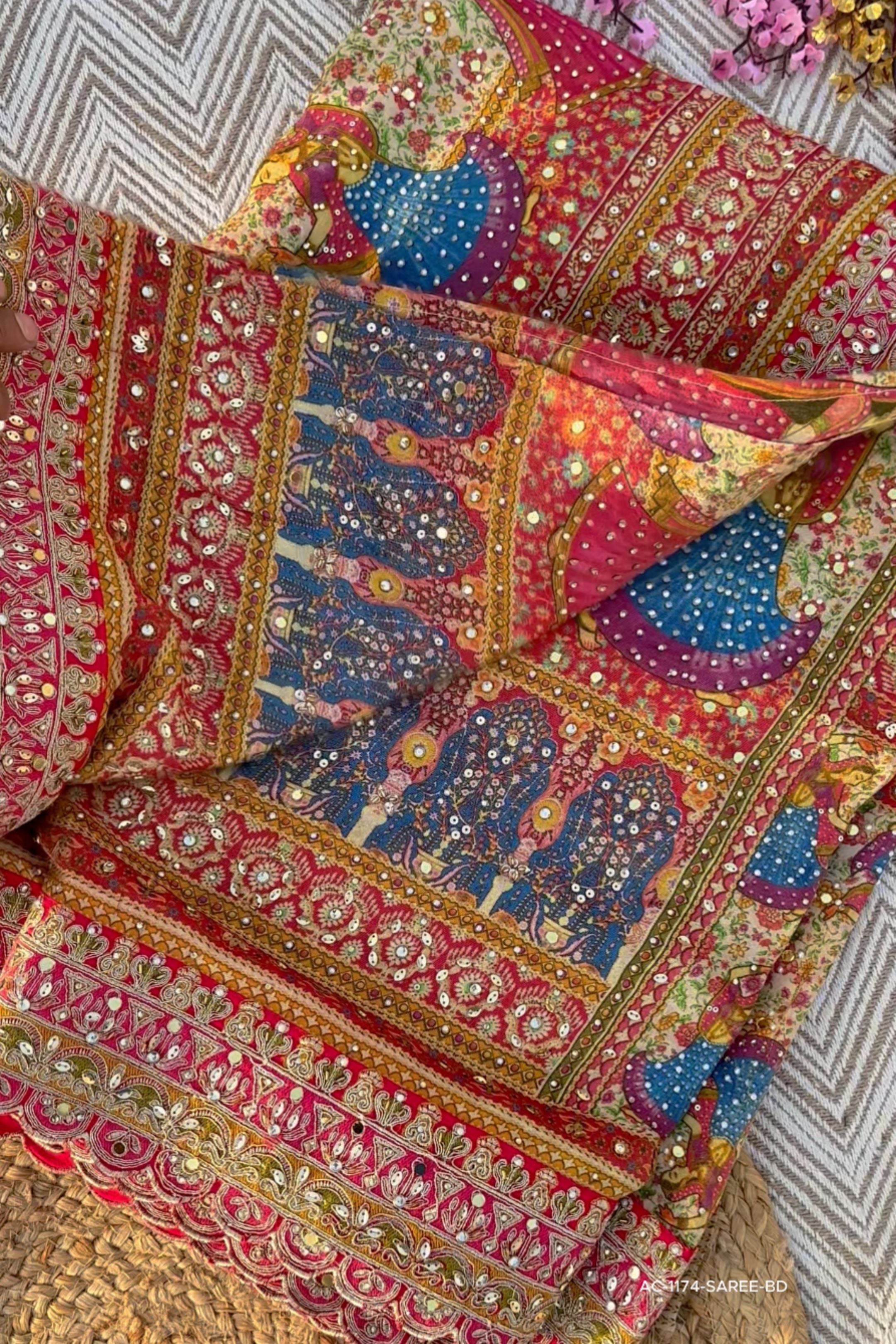 Multicolour Tissue Saree Embellished With Kundan, Sequins & Cut Dana Work