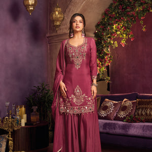 Cherry Red Chinon Suit Embellished With Cutdana, Sequins & Mirror Work