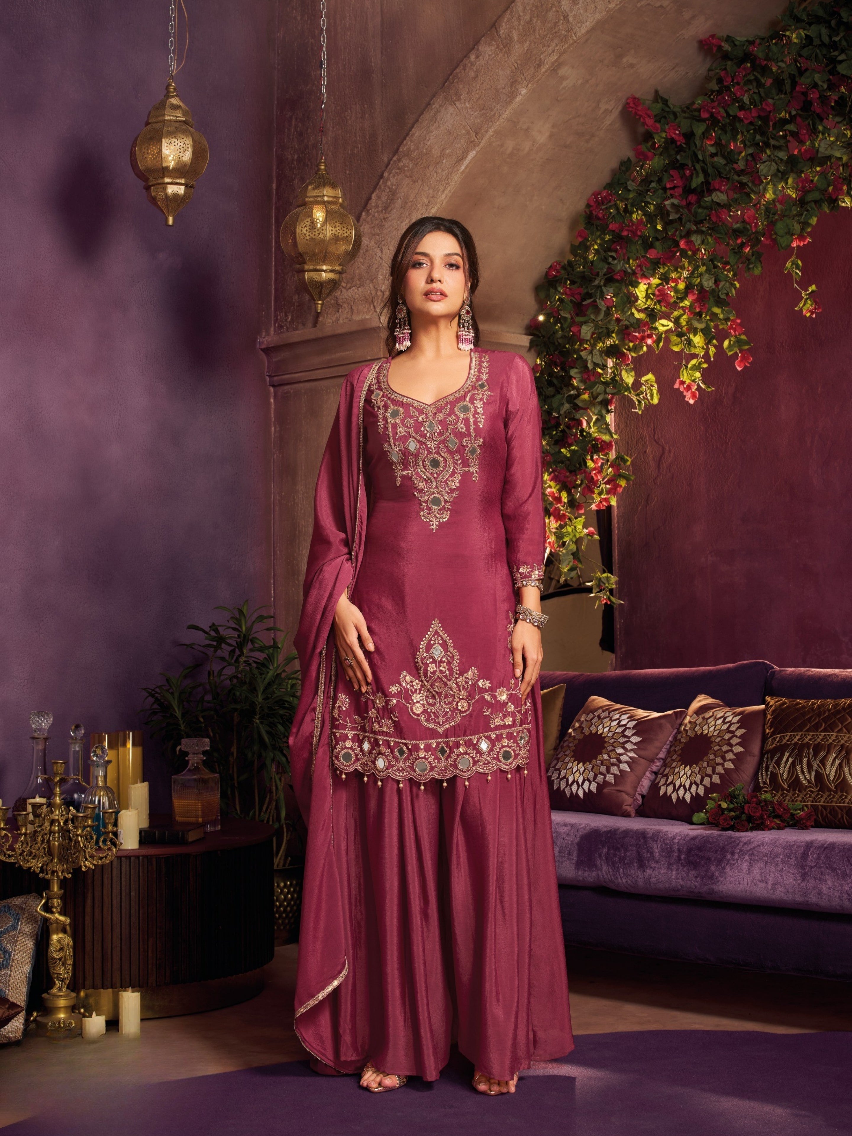 Cherry Red Chinon Suit Embellished With Cutdana, Sequins & Mirror Work