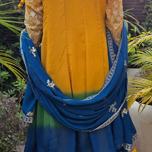Peacock Blue & Mustard Ombre Georgette Banarasi Zari & Sequin Work