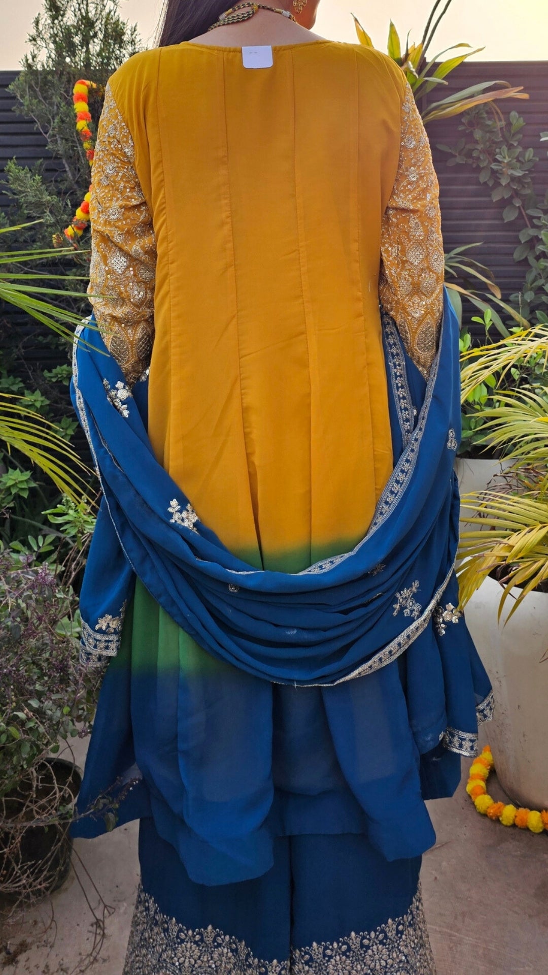 Peacock Blue & Mustard Ombre Georgette Banarasi Zari & Sequin Work
