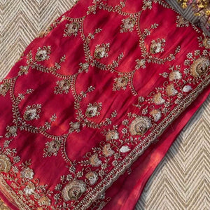 Red Tissue Saree With Moti, Cutdana & Sequins Work