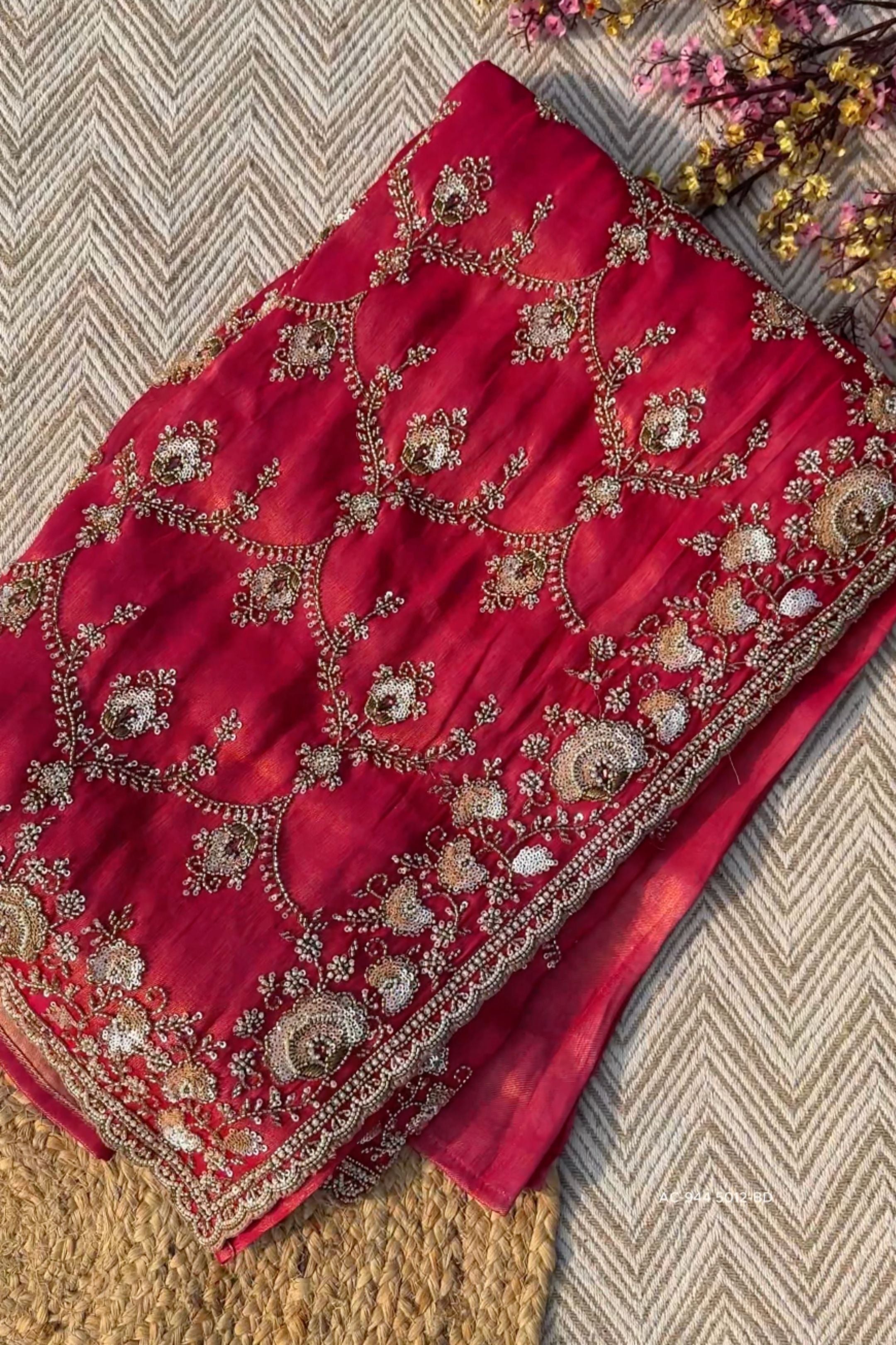 Red Tissue Saree With Moti, Cutdana & Sequins Work