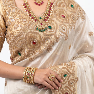 Golden Ivory Tissue Saree Embellished With Sequins, Moti & Cut Dana Work