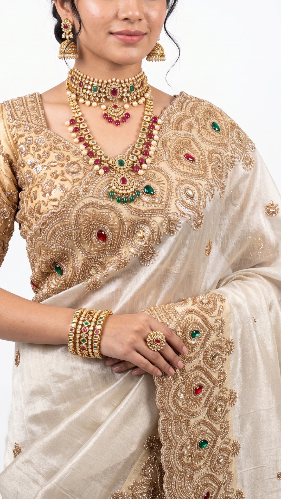 Golden Ivory Tissue Saree Embellished With Sequins, Moti & Cut Dana Work