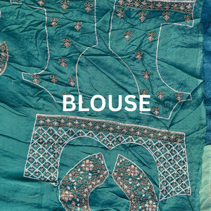 Peacock Green Silk Unstitched Saree Embellished With Moti, Sequins & Cutdana Work