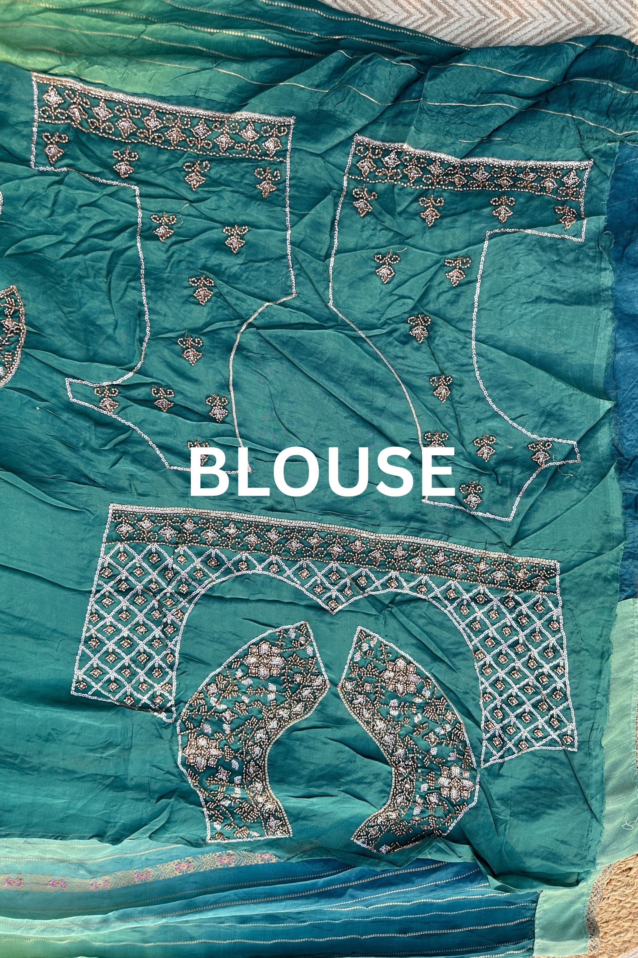 Peacock Green Silk Unstitched Saree Embellished With Moti, Sequins & Cutdana Work