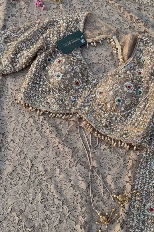 Tussar Net Lace Saree With Moti, Stone, Cutdana & Sequins Work