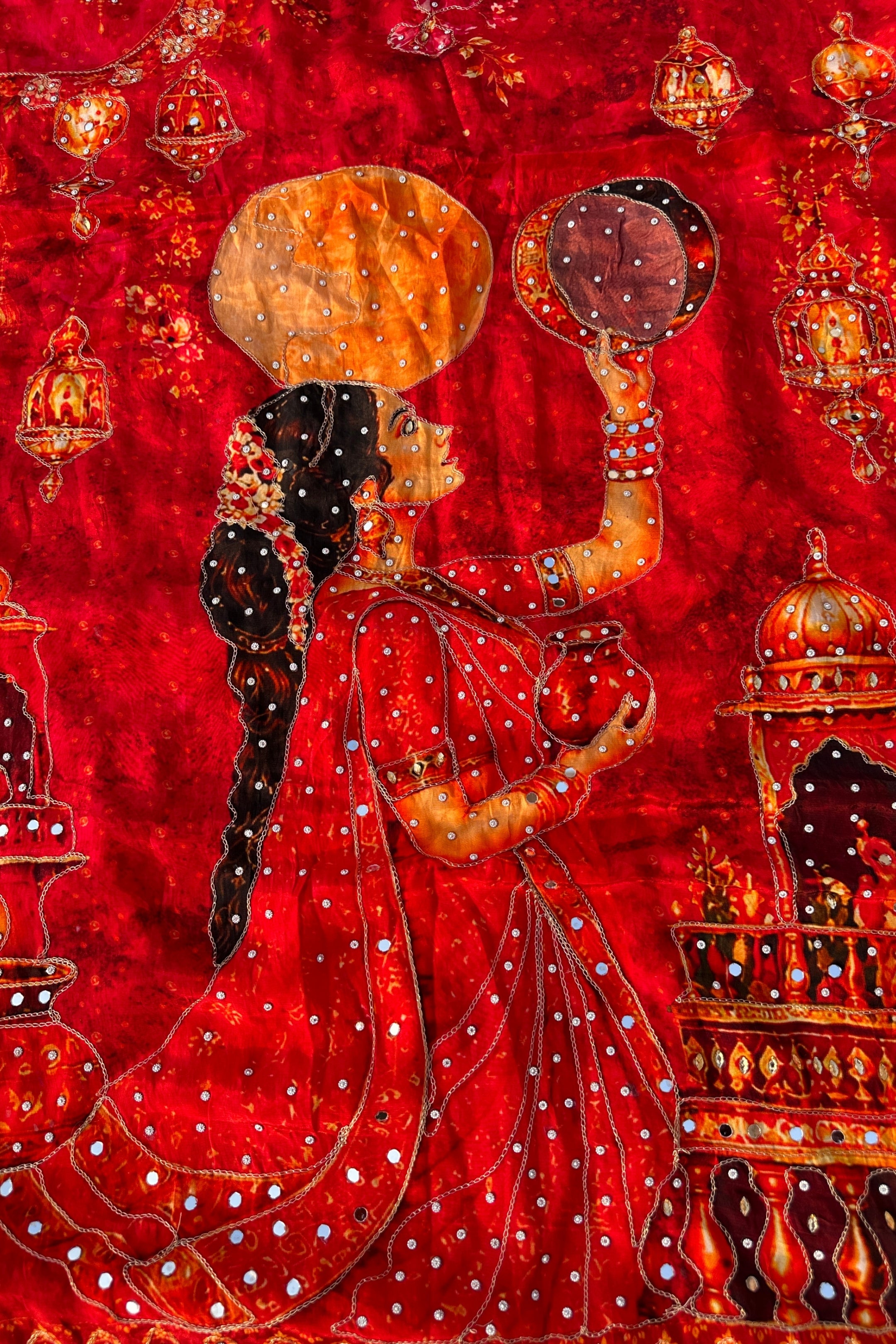 Red Crepe Embellished With Mirror & Chandla Work