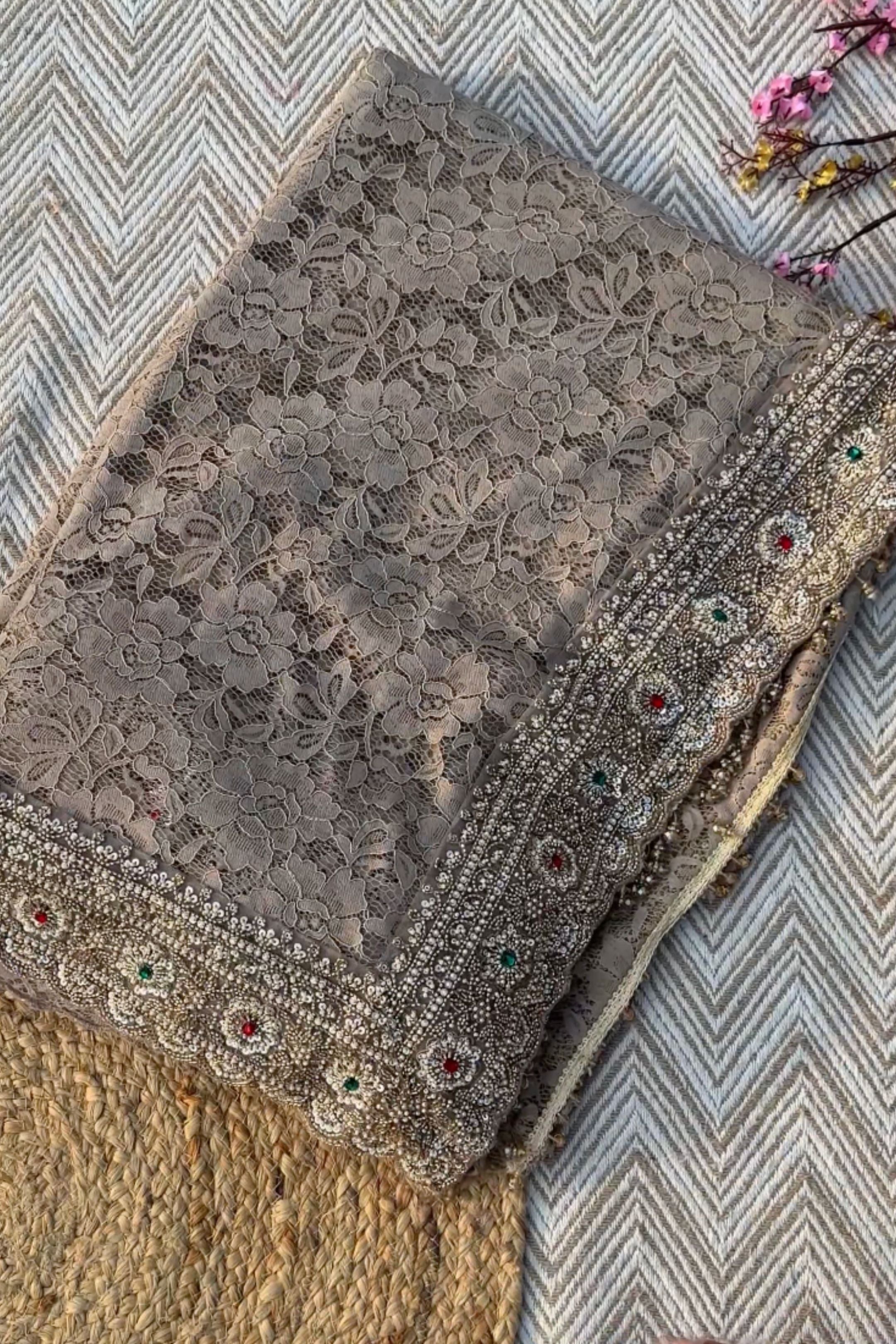 Tussar Net Lace Saree With Moti, Stone, Cutdana & Sequins Work