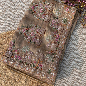 Dusty Beige Brocade Unstitched Saree Embellished With Moti, Sequins, Zarkan, Thread & Cutdana Work