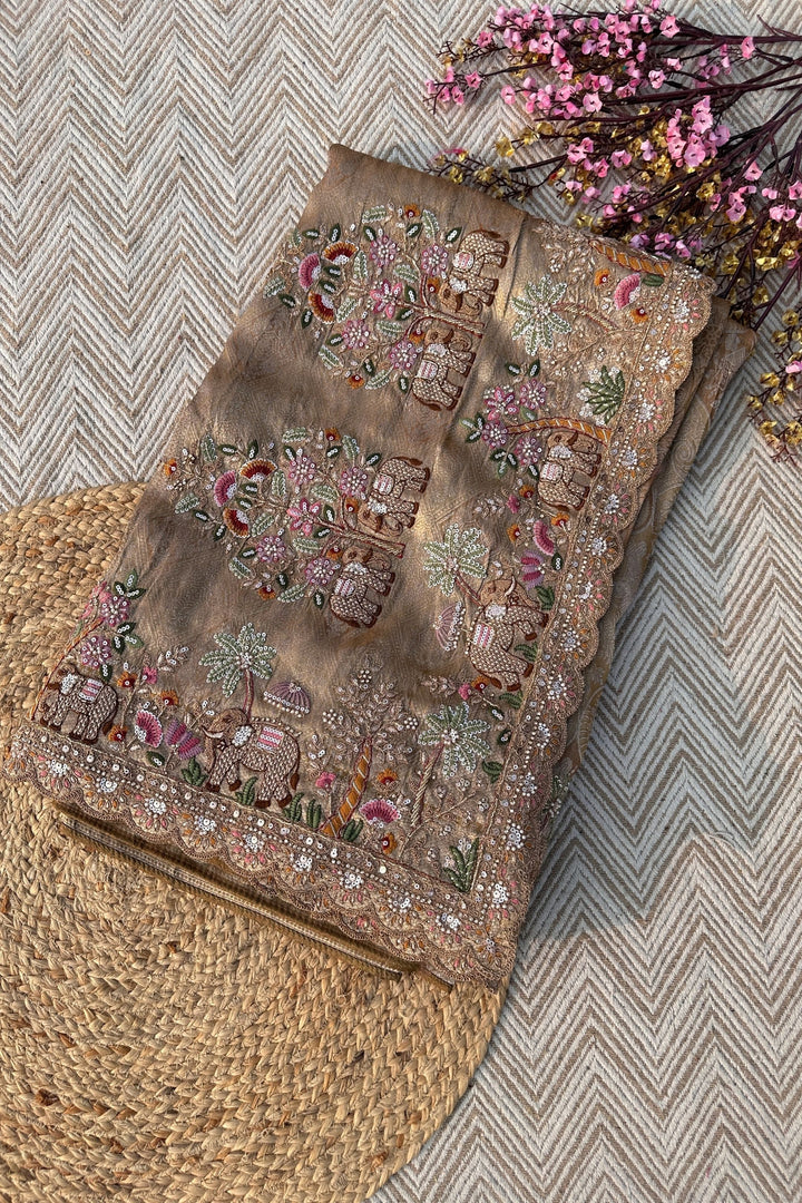 Dusty Beige Brocade Unstitched Saree Embellished With Moti, Sequins, Zarkan, Thread & Cutdana Work