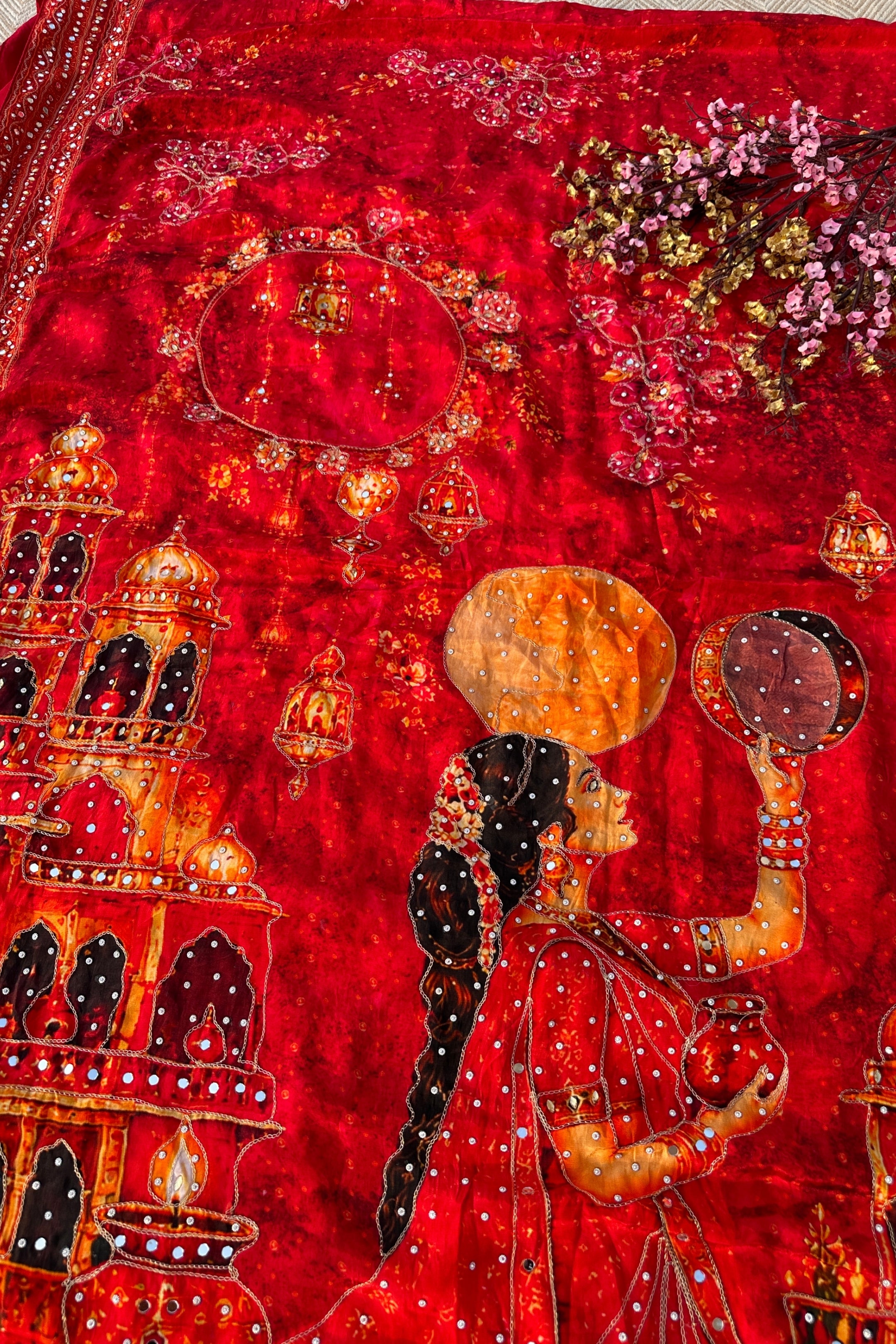 Red Crepe Embellished With Mirror & Chandla Work