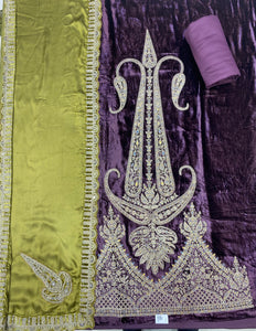 Purple Velvet Unstitched Suit with Zari and thread Embroidery