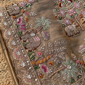 Dusty Beige Brocade Unstitched Saree Embellished With Moti, Sequins, Zarkan, Thread & Cutdana Work