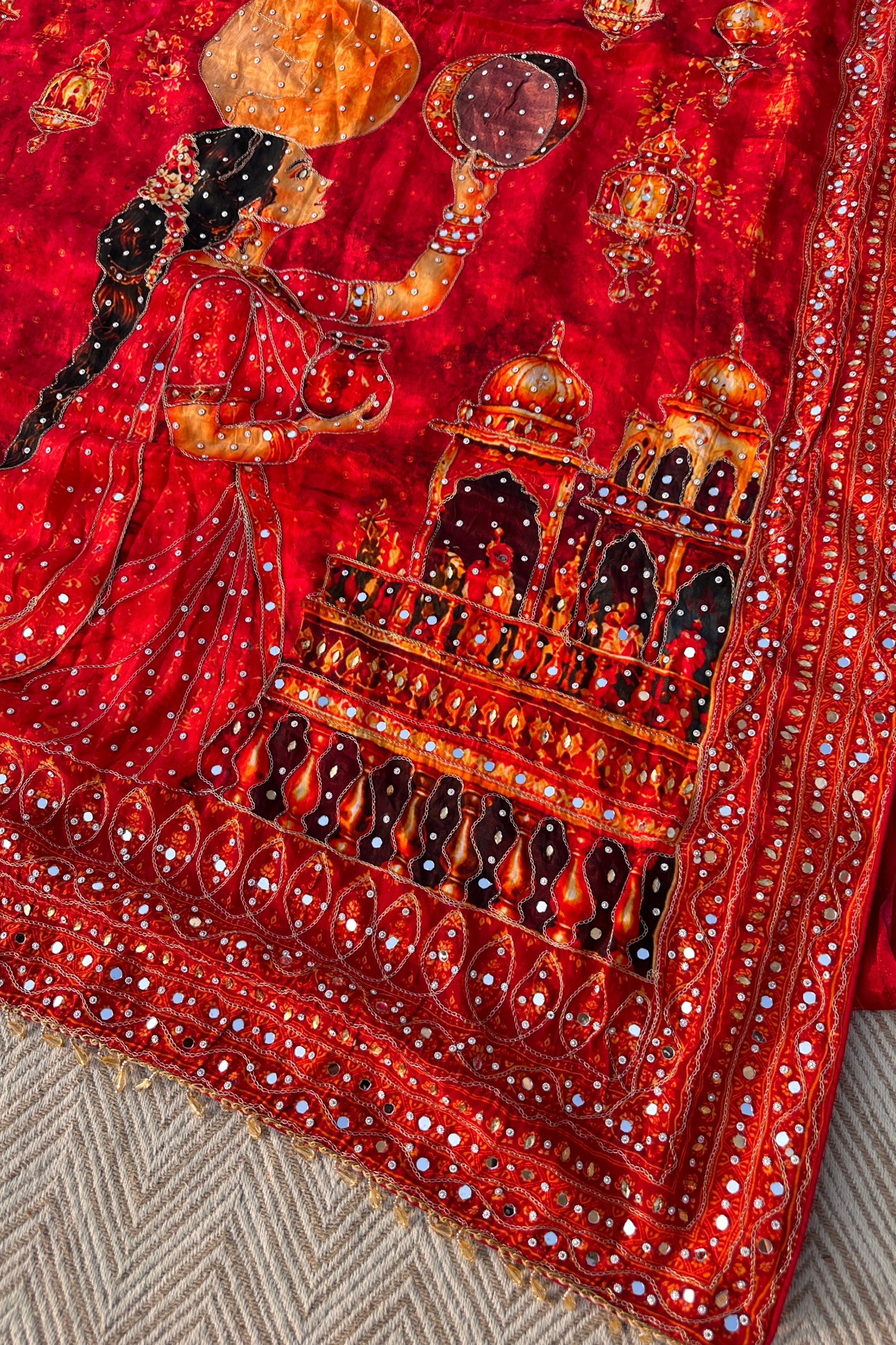 Red Crepe Embellished With Mirror & Chandla Work