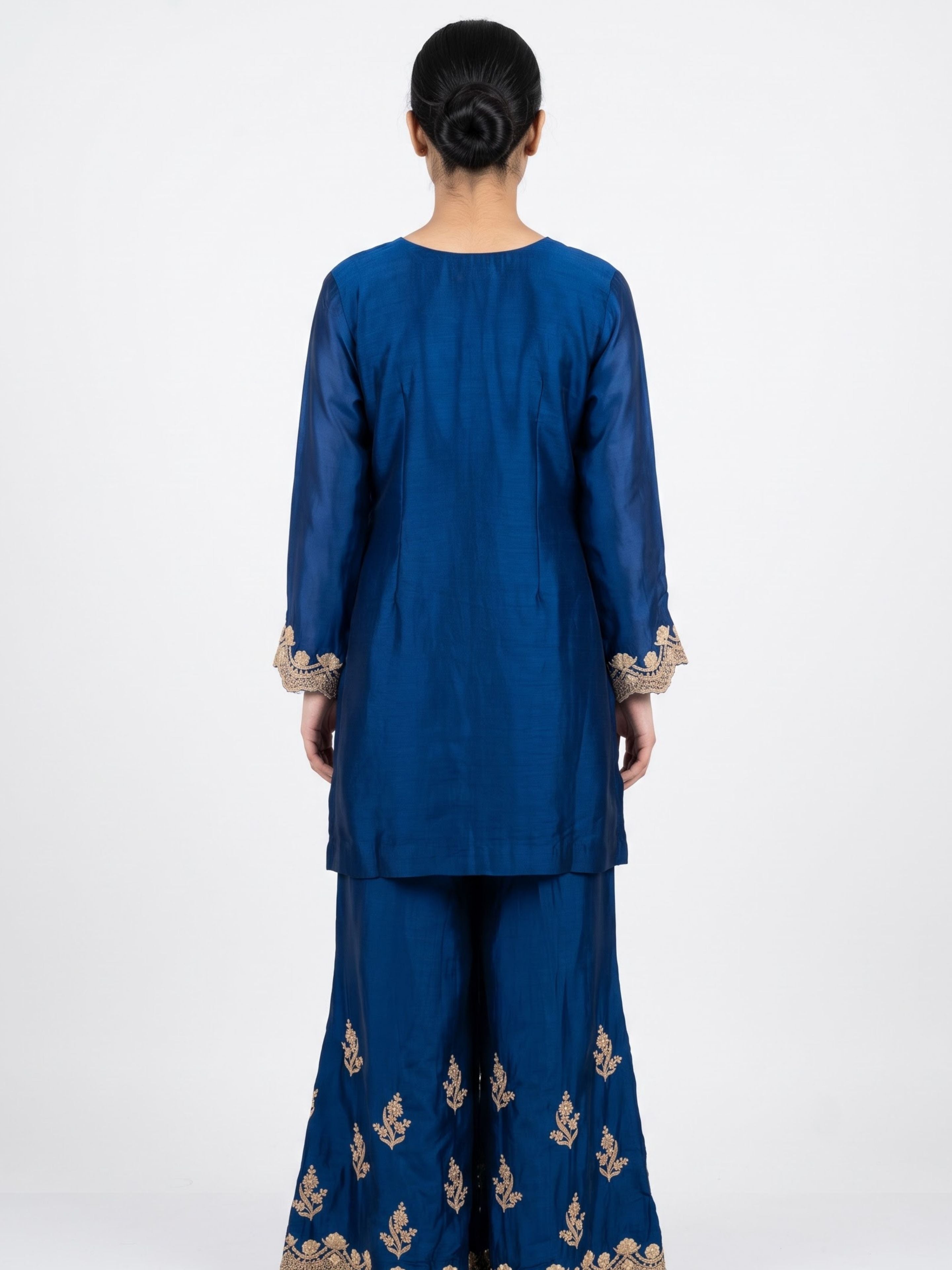 Blue Satin Crepe Indo Western with Gota, Mirror and Pearl Embroidery 1