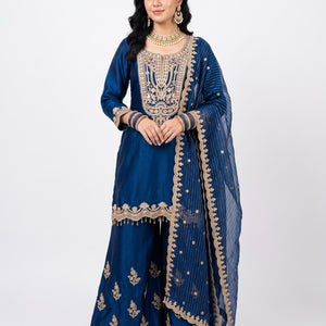 Blue Satin Crepe Indo Western with Gota, Mirror and Pearl Embroidery 2