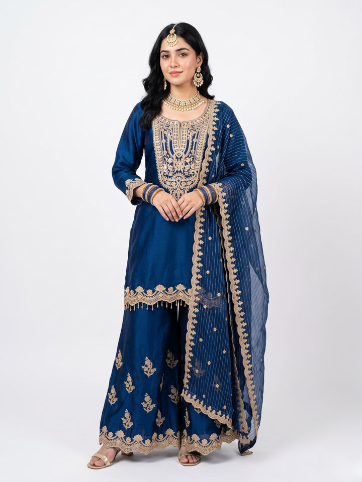Blue Satin Crepe Indo Western with Gota, Mirror and Pearl Embroidery 2