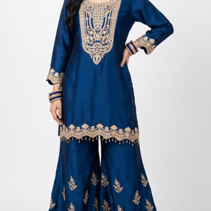 Blue Satin Crepe Indo Western with Gota, Mirror and Pearl Embroidery 3