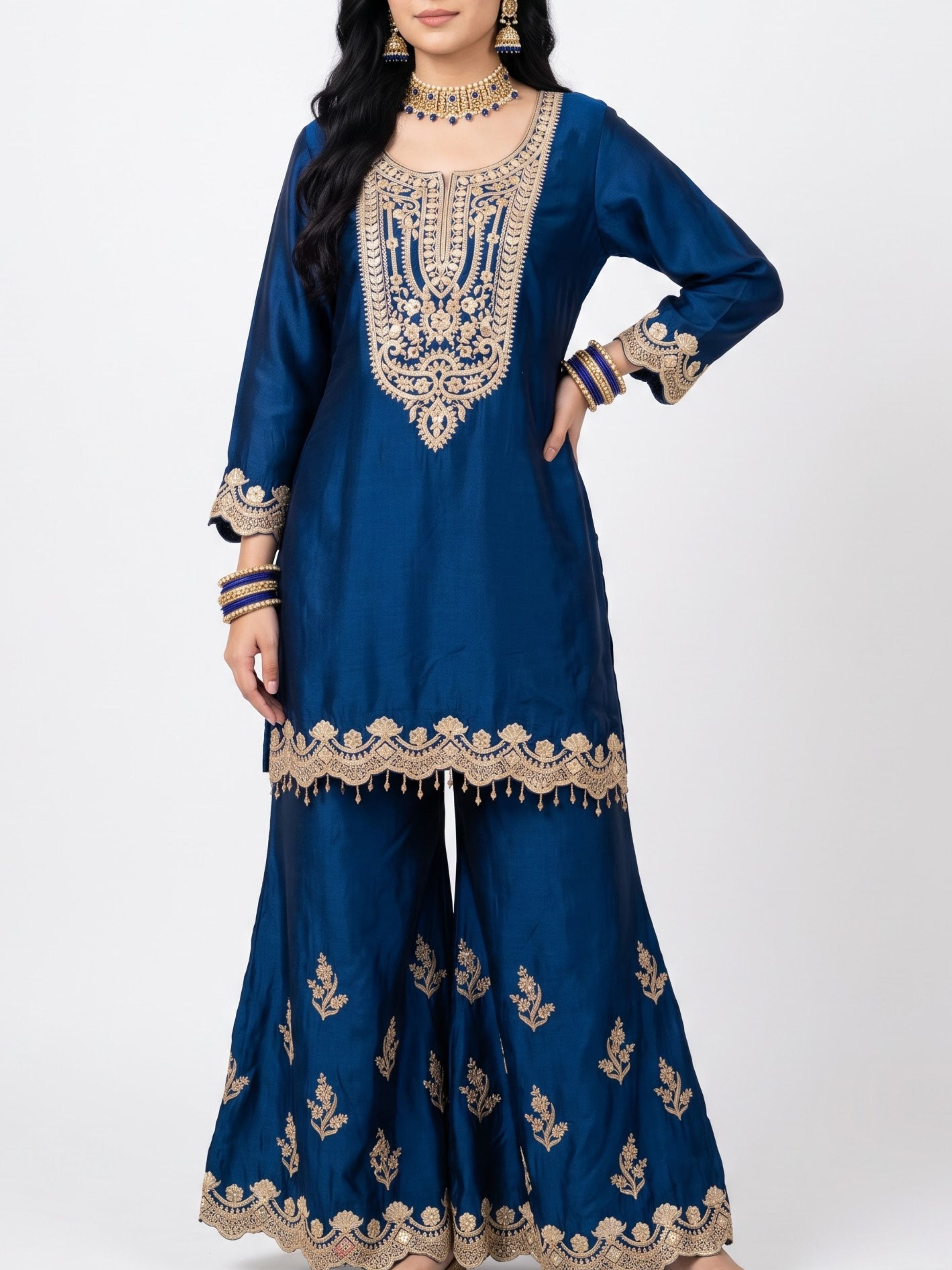 Blue Satin Crepe Indo Western with Gota, Mirror and Pearl Embroidery 3