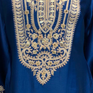 Blue Satin Crepe Indo Western with Gota, Mirror and Pearl Embroidery 4