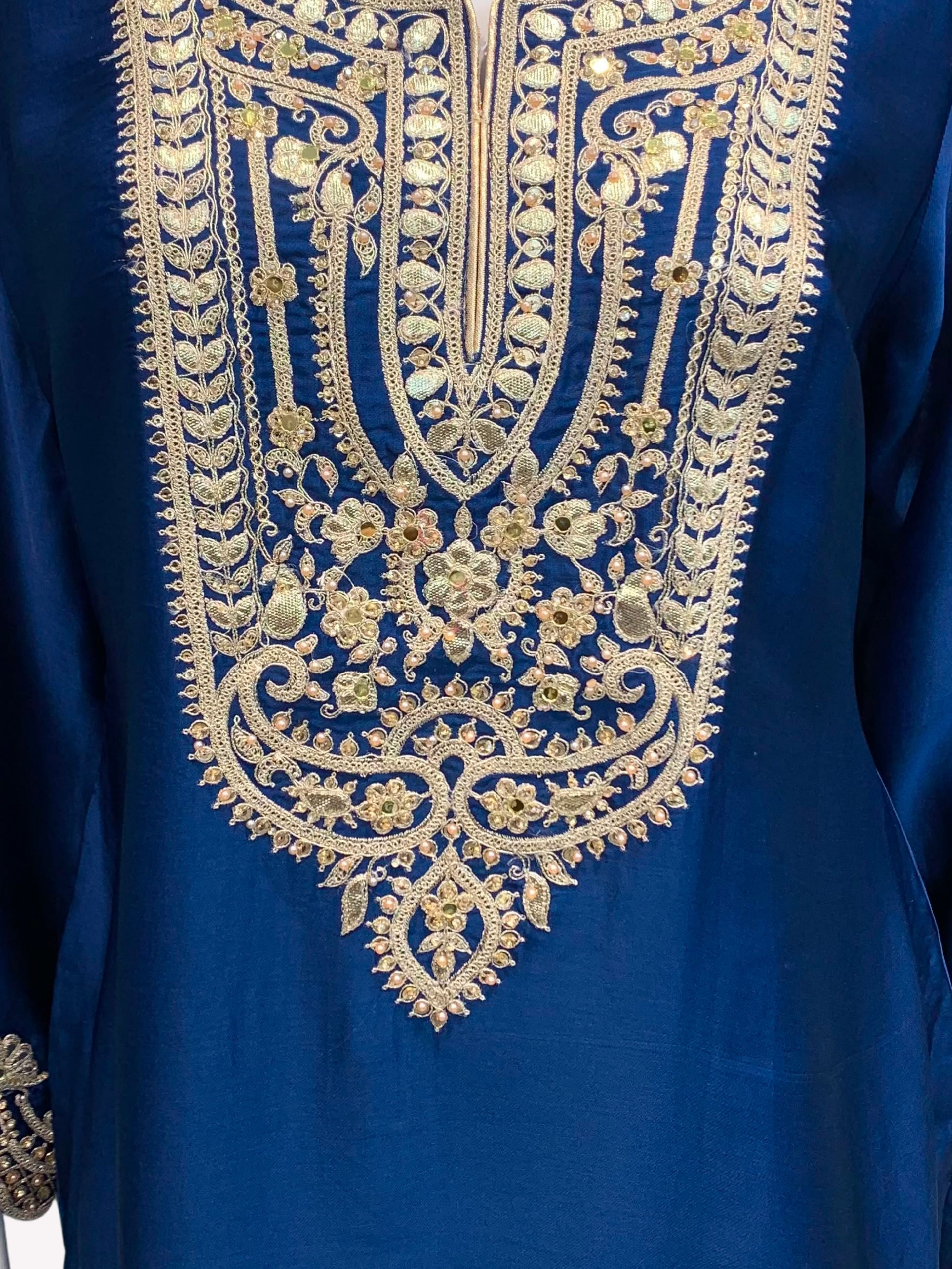 Blue Satin Crepe Indo Western with Gota, Mirror and Pearl Embroidery 4