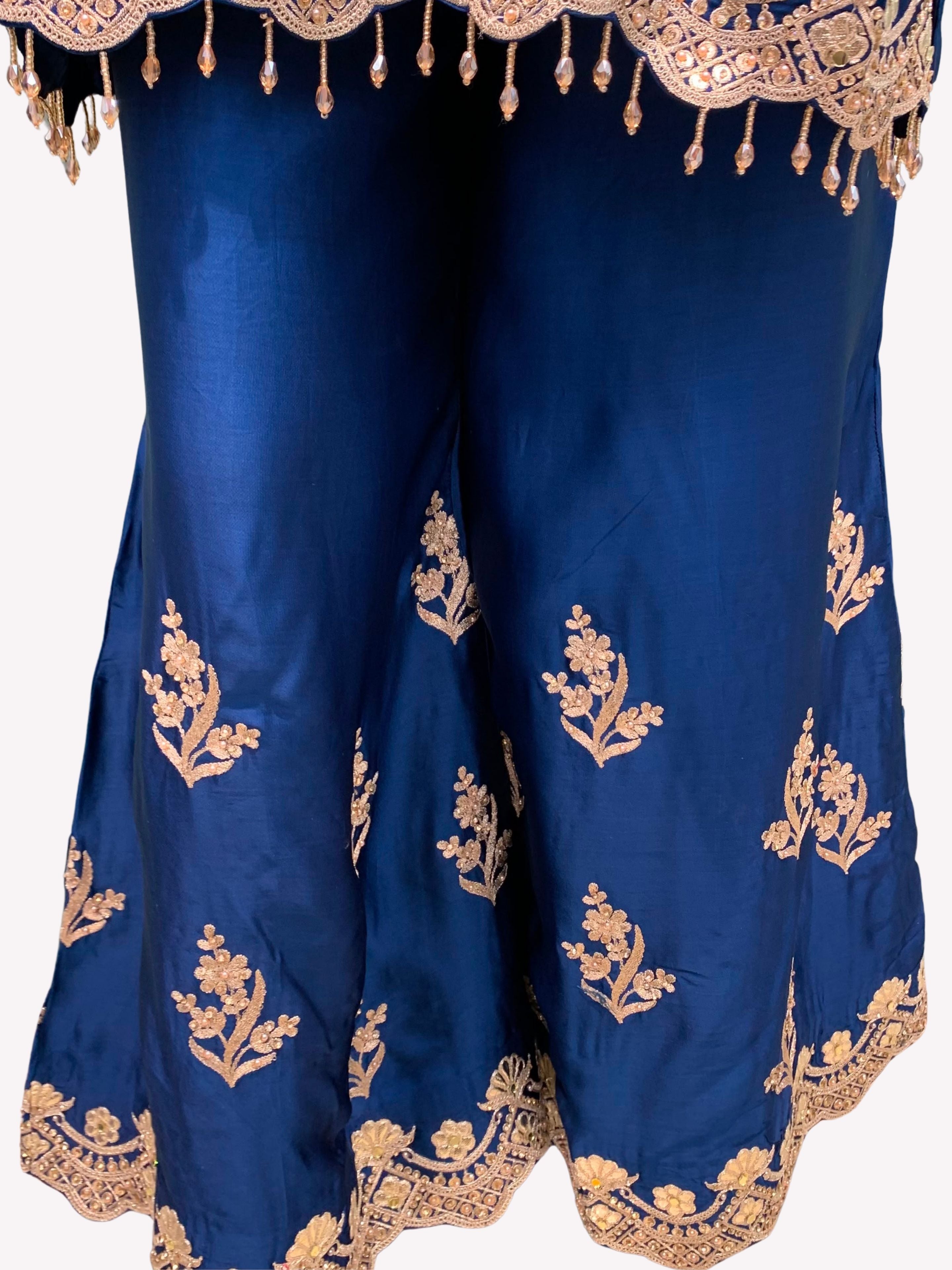 Blue Satin Crepe Indo Western with Gota, Mirror and Pearl Embroidery 5