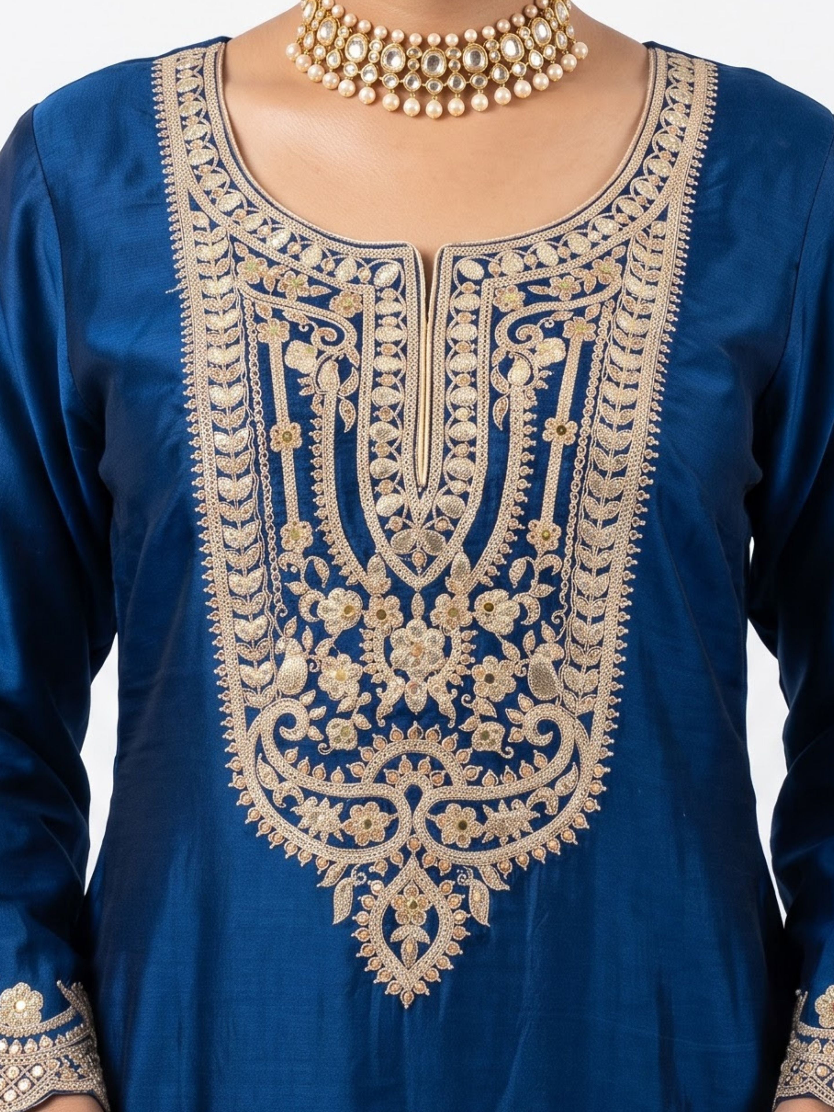 Blue Satin Crepe Indo Western with Gota, Mirror and Pearl Embroidery 6