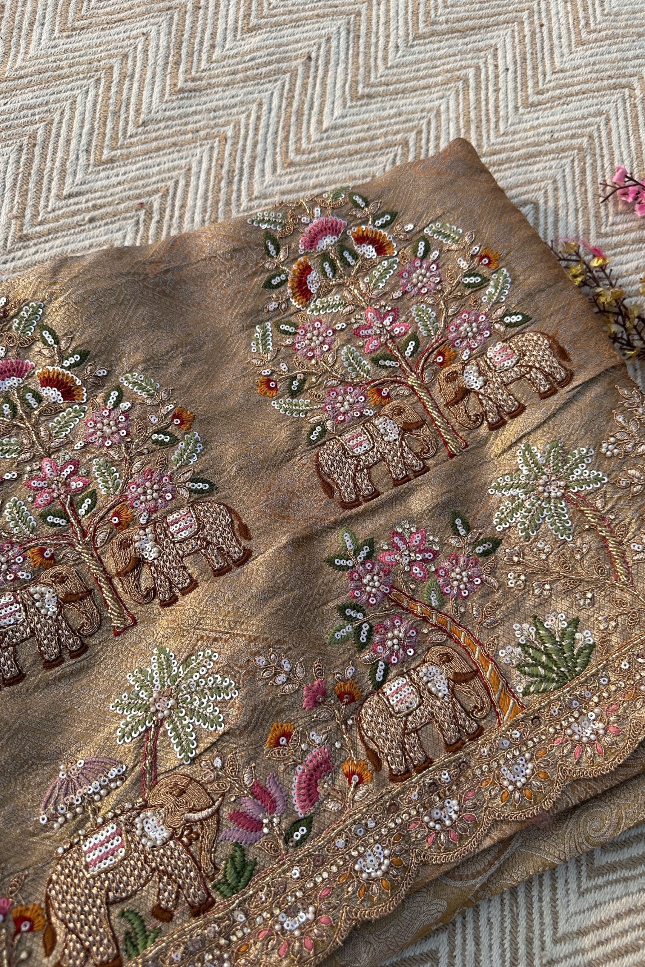 Dusty Beige Brocade Unstitched Saree Embellished With Moti, Sequins, Zarkan, Thread & Cutdana Work