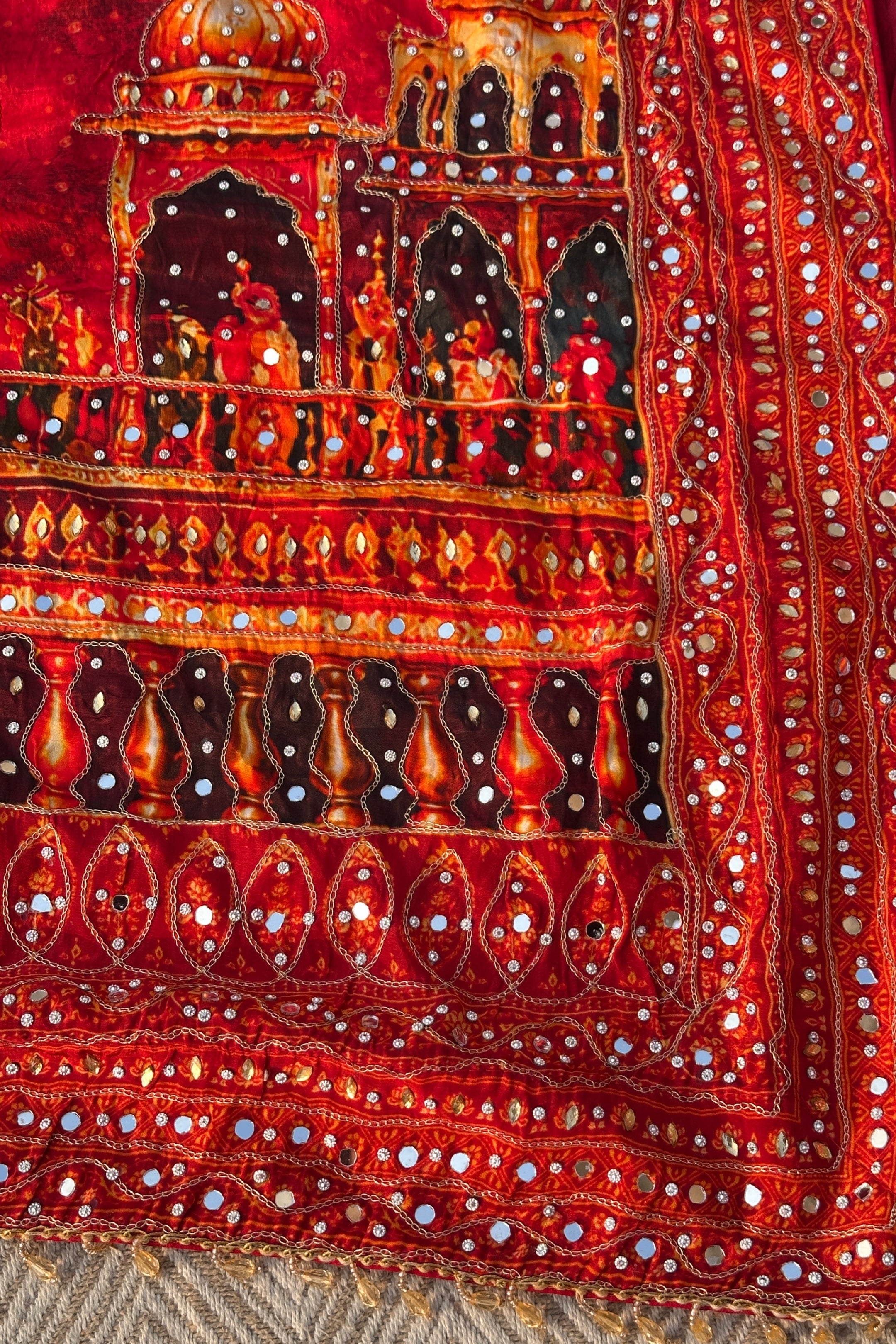 Red Crepe Embellished With Mirror & Chandla Work