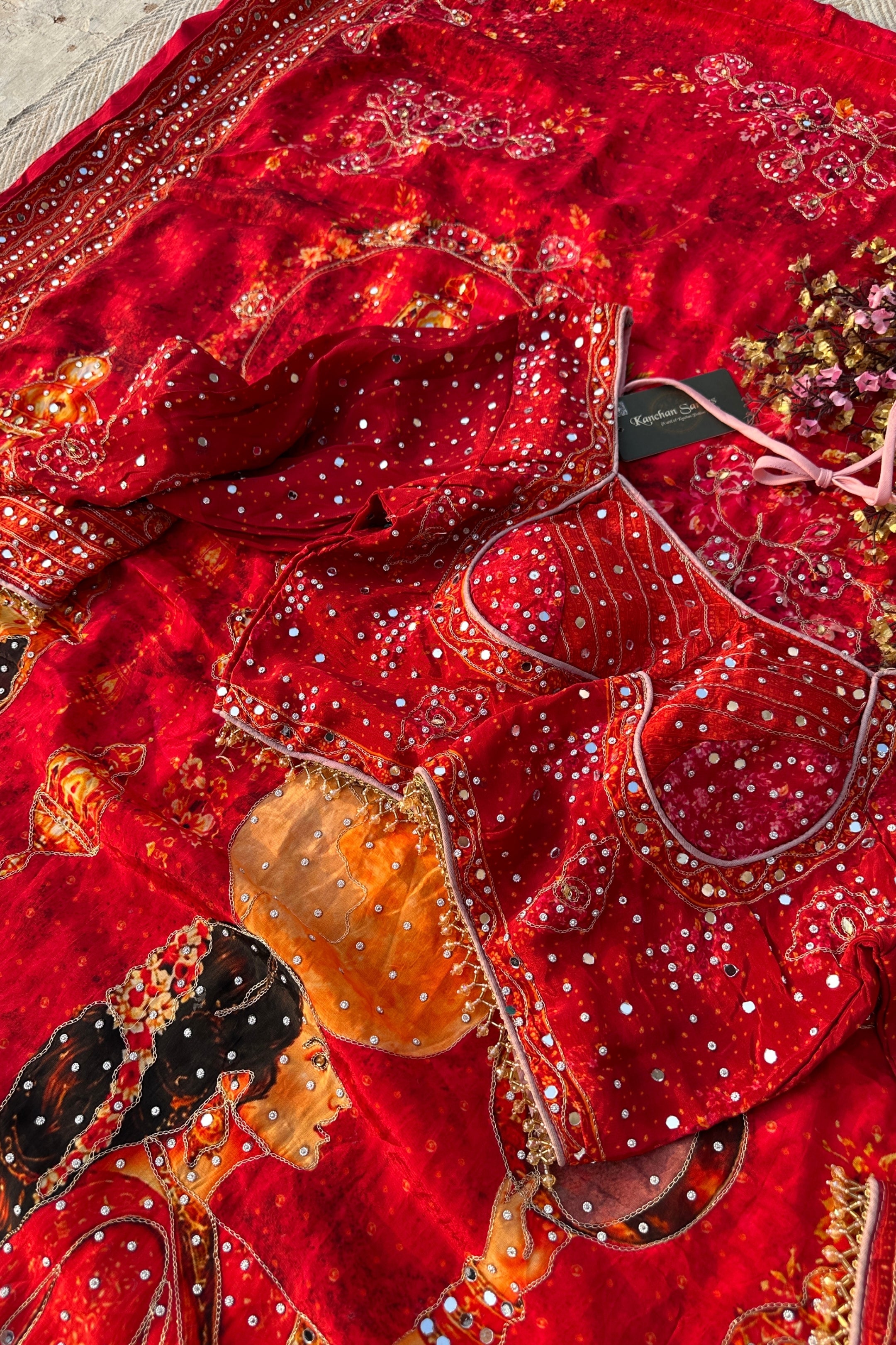 Red Crepe Embellished With Mirror & Chandla Work