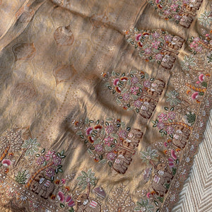 Dusty Beige Brocade Unstitched Saree Embellished With Moti, Sequins, Zarkan, Thread & Cutdana Work