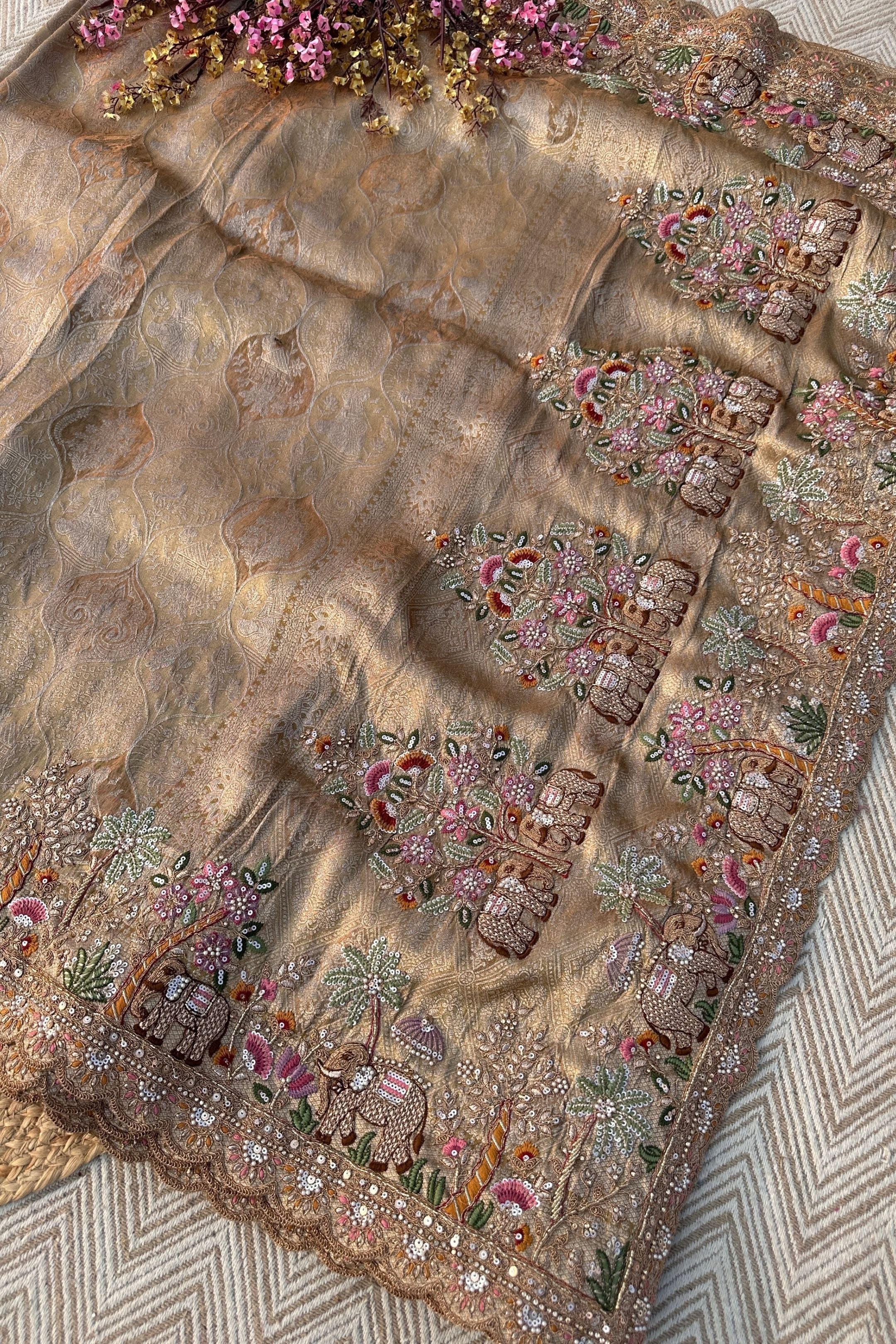 Dusty Beige Brocade Unstitched Saree Embellished With Moti, Sequins, Zarkan, Thread & Cutdana Work