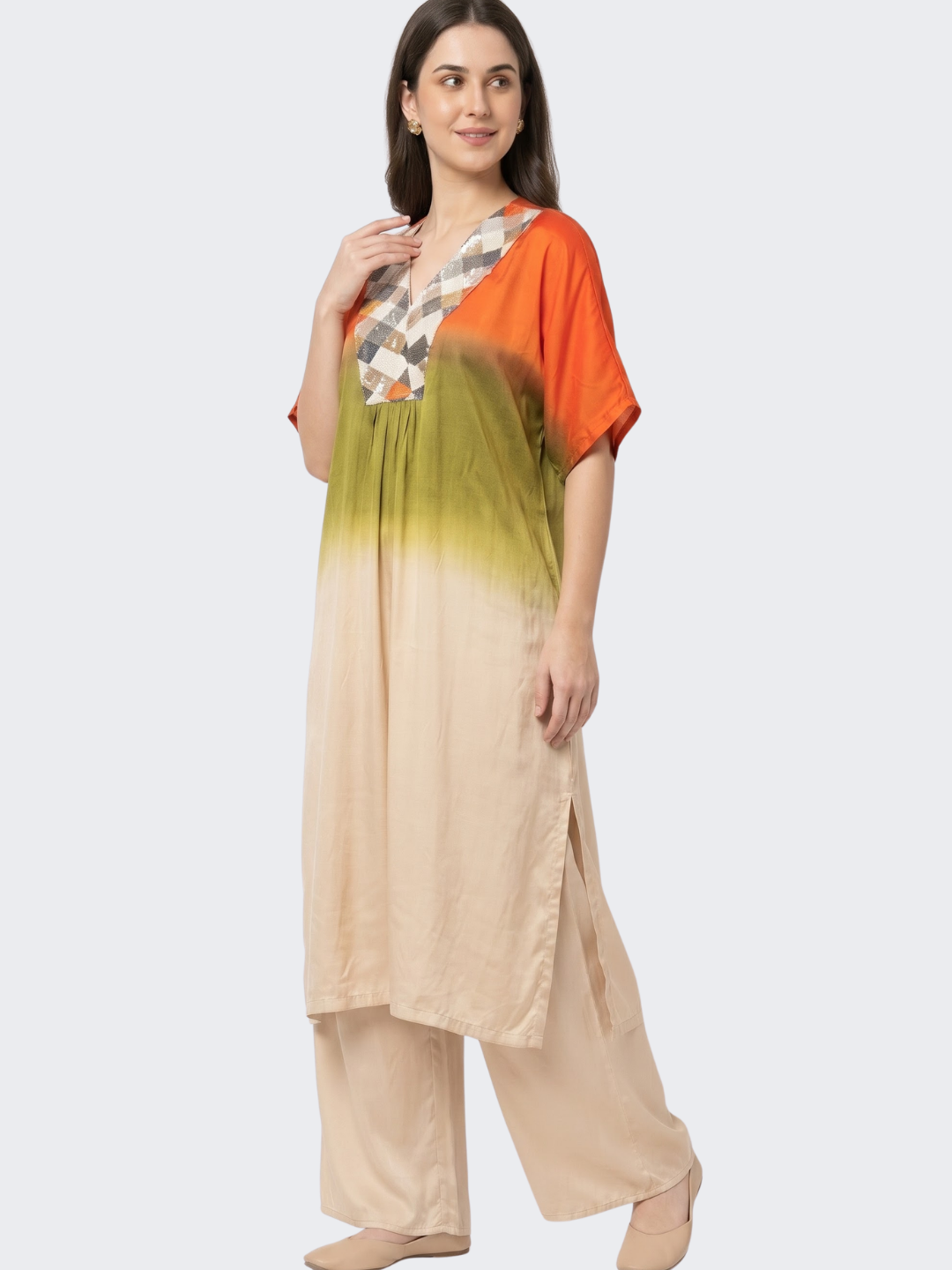 Orange Satin Indo Western with Cutdana, Sequins and Pearl Embroidery 2