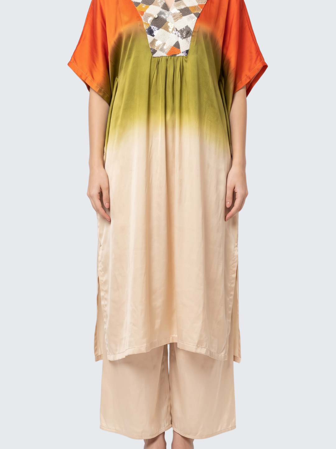 Orange Satin Indo Western with Cutdana, Sequins and Pearl Embroidery 3